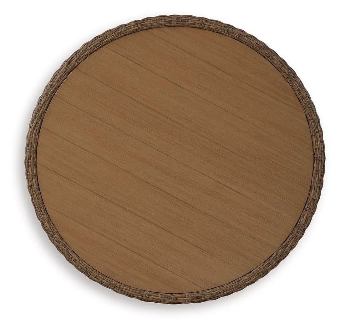 Double Point Round Cocktail Table | 36.38 x 36.38 x 17.75 in | Wicker & Stainless Steel | Beige