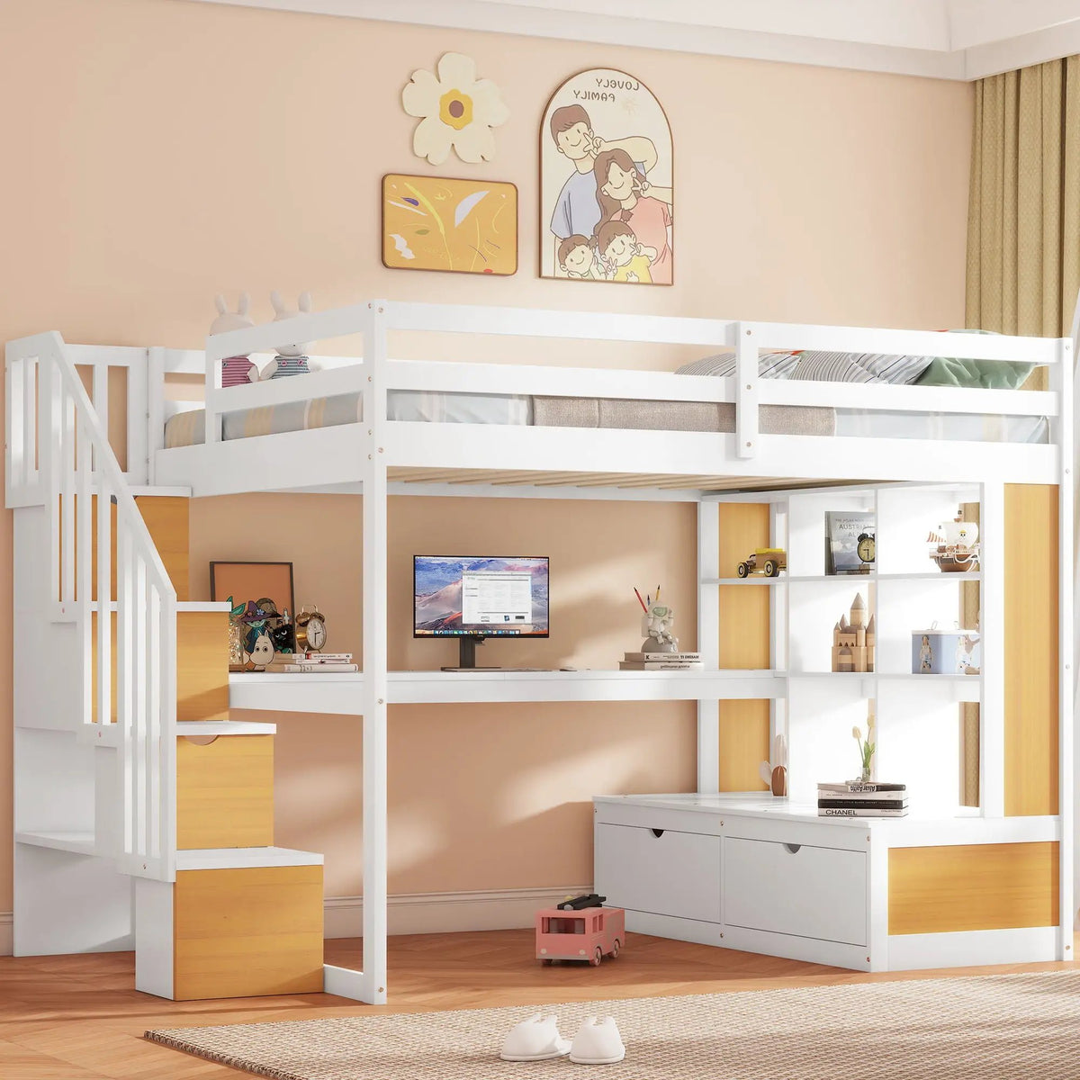Full Size Loft Bed | Desk Shelves Drawers | Storage Staircase | Natural White