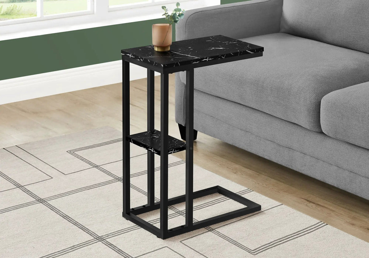 Marble Look C-Shaped Accent Table | Durable Metal Frame | Rectangular Tabletop | Portable Design