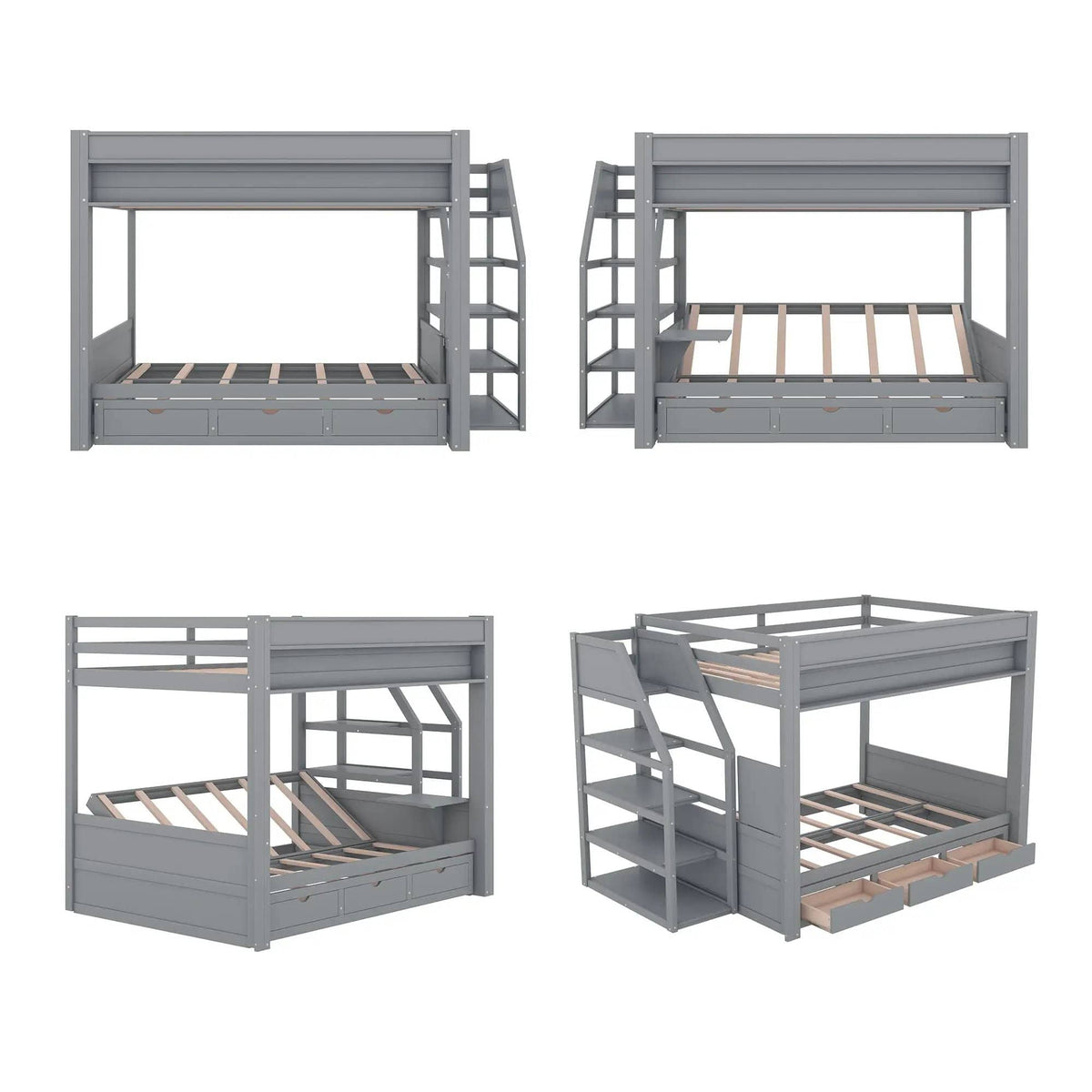 Wood Full Size Convertible Bunk Bed With Storage Staircase, Bedside Table, And 3 | 96.5 x 59.8 x 62.1 in | Pine Wood & Mdf | Gray
