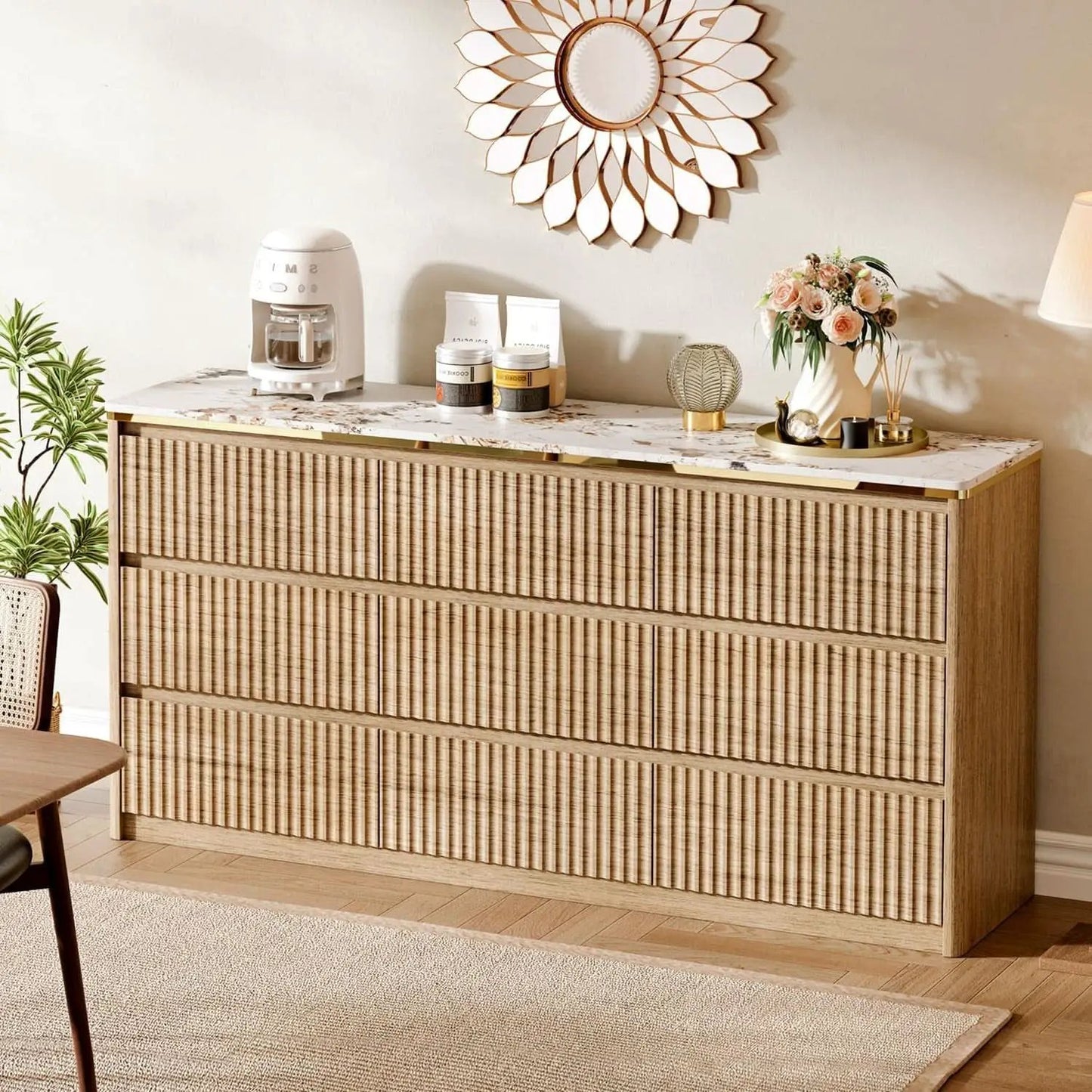 9 Drawer Dresser Chest With PolishedMarbleTabletop from PriceLows™