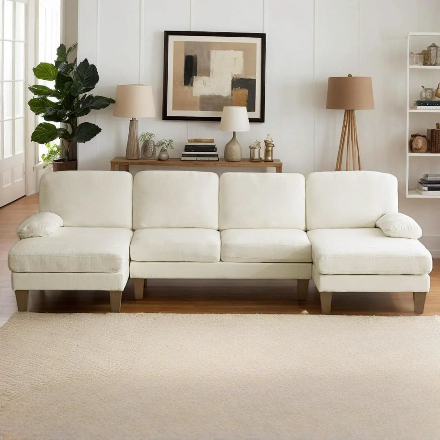 U Shape Sectional Sofa 111 Inch Beige Chenille Convertible from PriceLows™