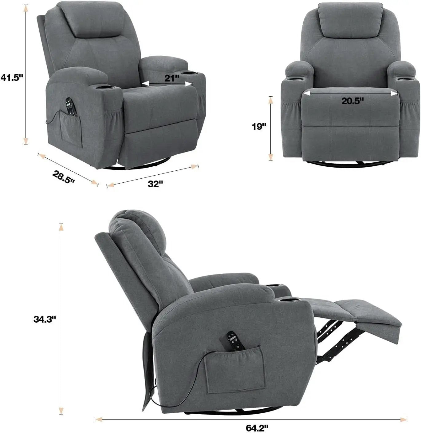 Gray Massaging Recliner With Cupholders Extendable Footrest from PriceLows™