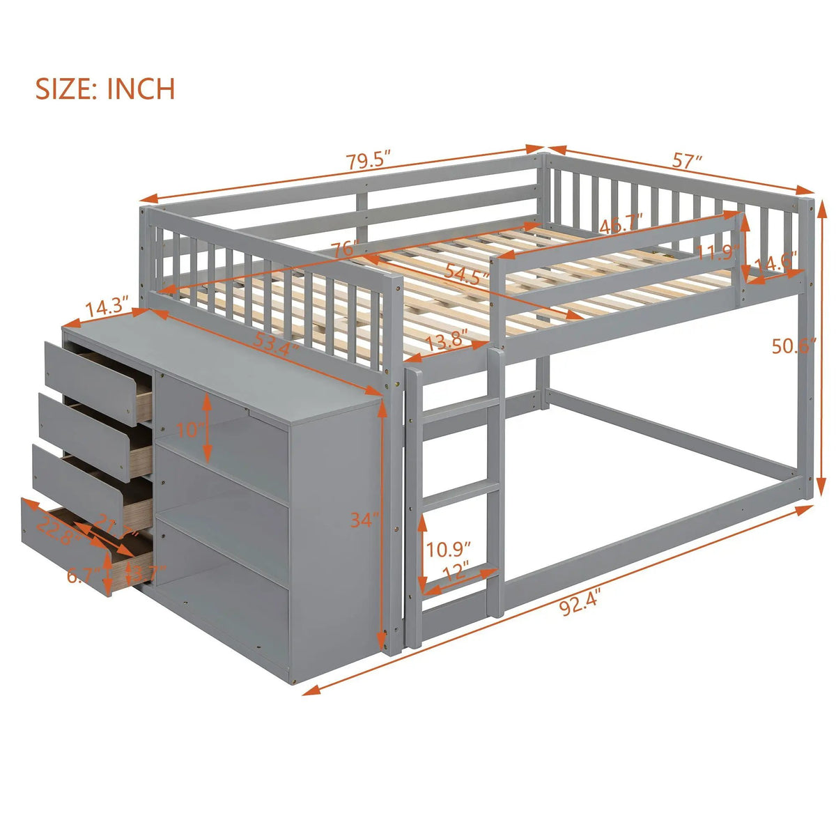 Bunk Bed | Solid Pine Frame | Four Drawers And Three Shelves | Full Size