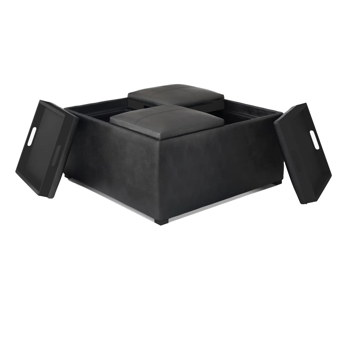 Avalon Upholstered Storage Ottoman | Vegan Leather | Four Flip Over Serving Trays | 35 Inch Width