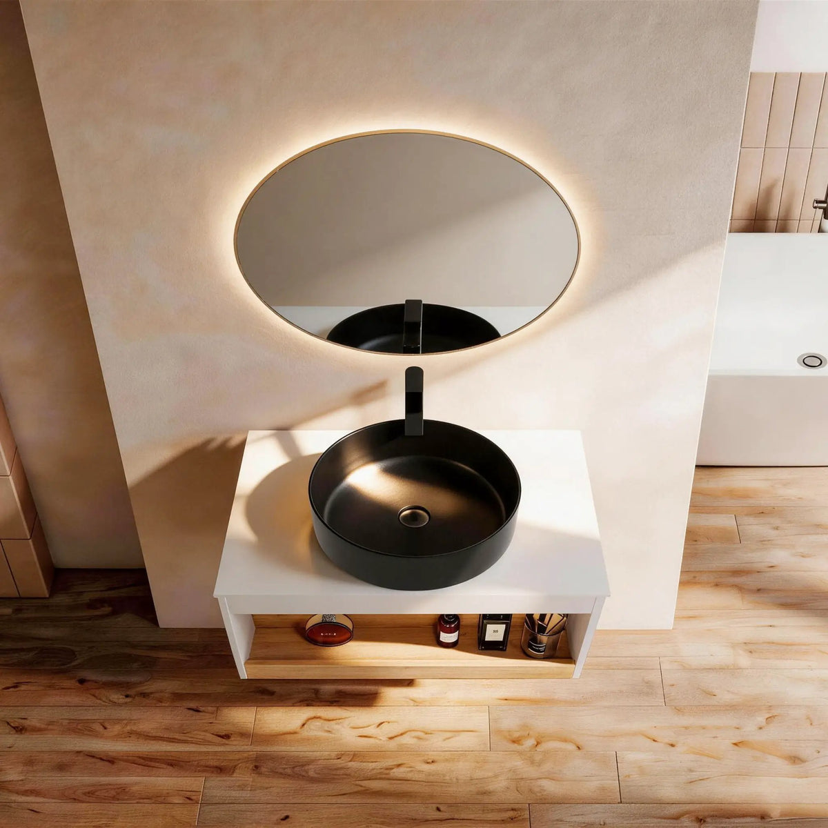 Floating Bathroom Vanity | Round Glossy Sink | Wall Mounted | Compact Design