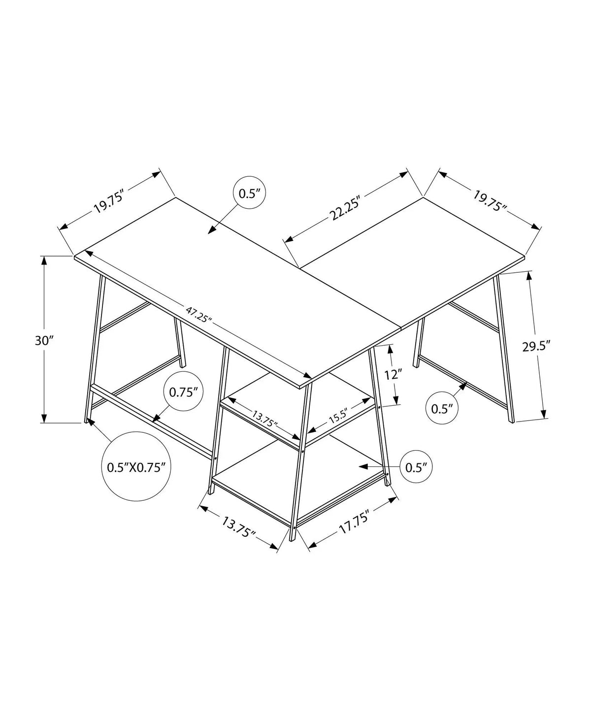 Marble Look L-Shaped Corner Desk | 47.25 Inch Width | 2 Open Shelves | Sawhorse Metal Legs