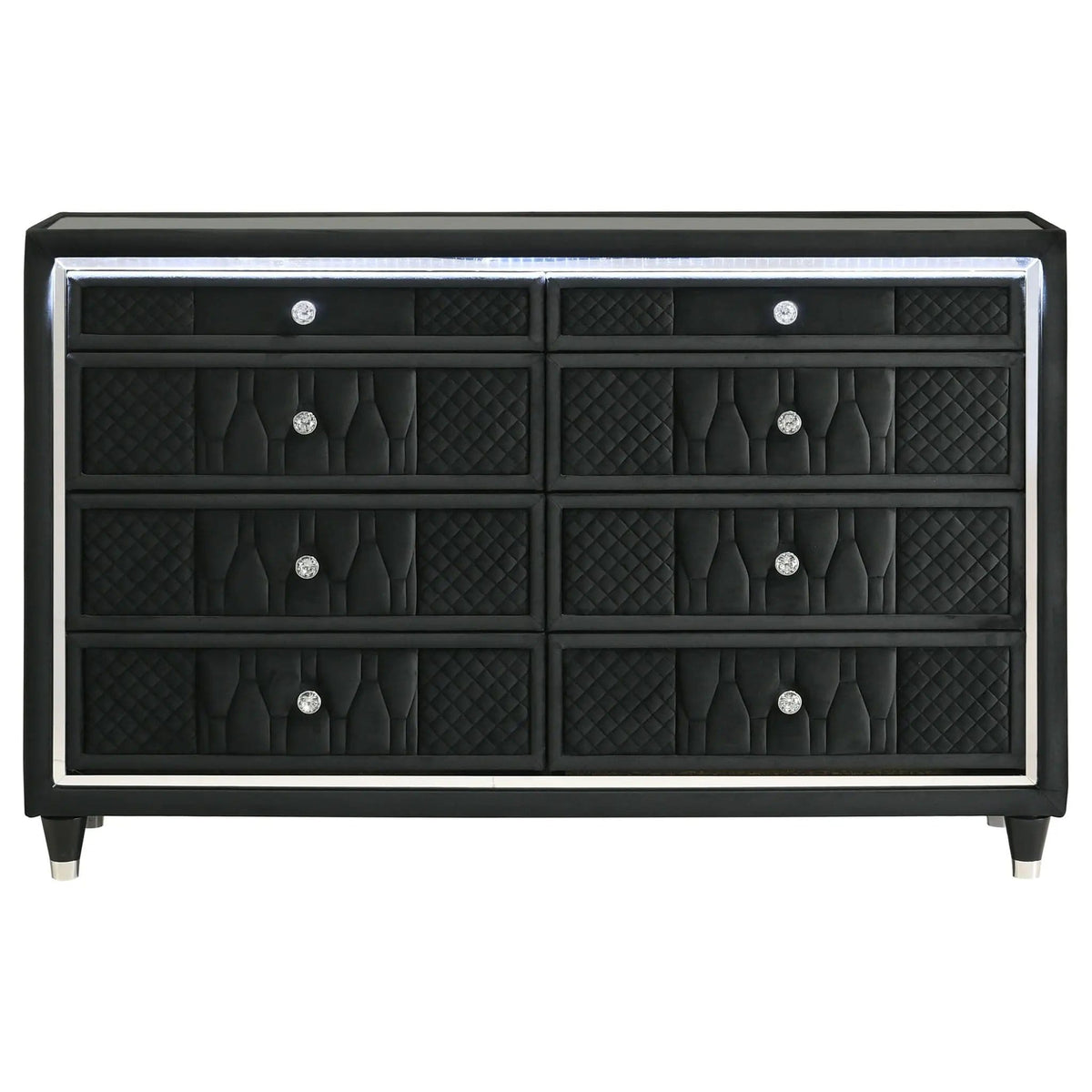 Lorient 8-drawer LED Bedroom Dresser Cabinet | 60.5 x 16 x 38.25 in | Rubberwood & Velvet | Black