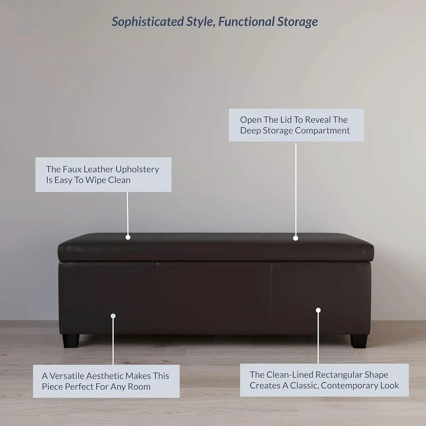 47 Inch DarkBrown Leatherette Storage Ottoman Bench from PriceLows™