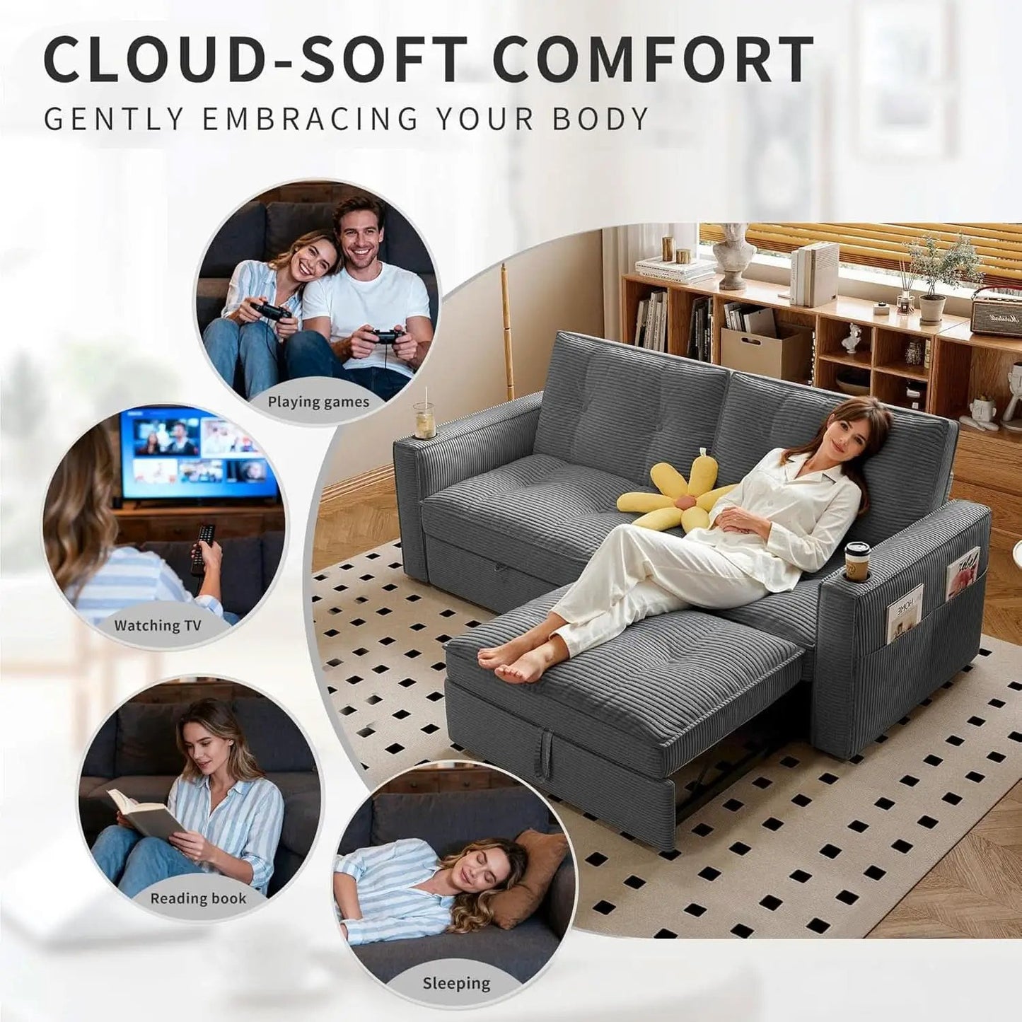 Gray Queen CorduroyTexture Transformable Sofa Bed USB from PriceLows™