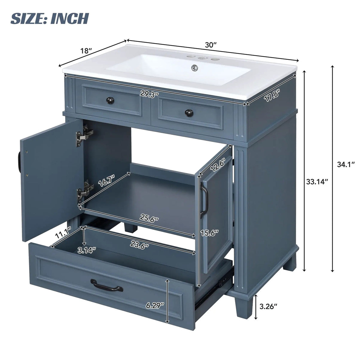 29 Inch Bathroom Vanity | Rubberwood Frame | Ceramic Sink | Soft Closing Doors