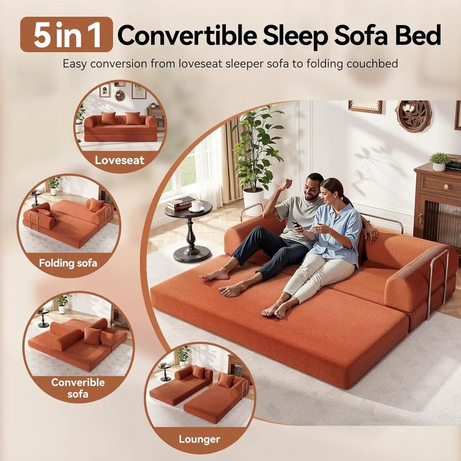 79 Inch Convertible Sofa Bed Orange CorduroyPillows from PriceLows™