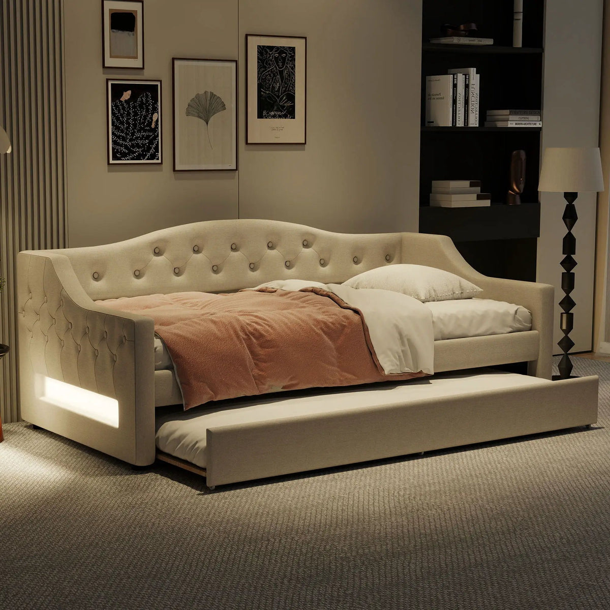 Daybed With LED Lights | Upholstered Trundle Daybed | Thickly Padded Sponge | 84 Inch Length