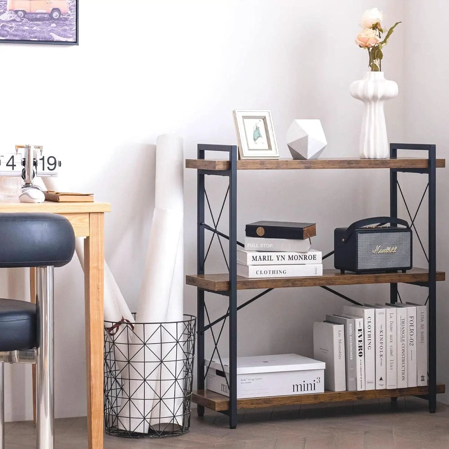 3 Tier Industrial Bookshelf Rustic Wood And Metal Open from PriceLows™