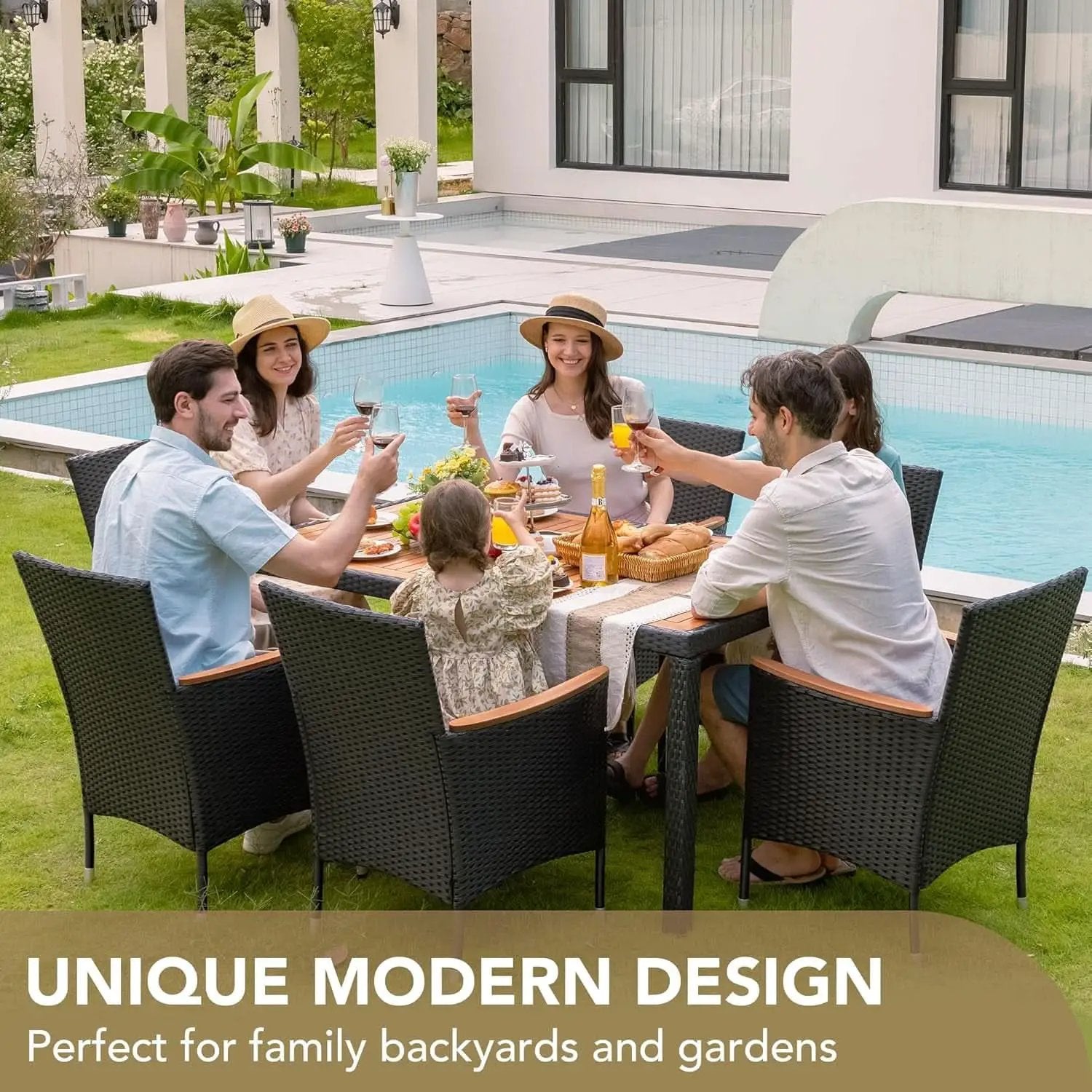 7 Piece Patio Dining Set Acacia Wood Table Black Rattan from PriceLows™