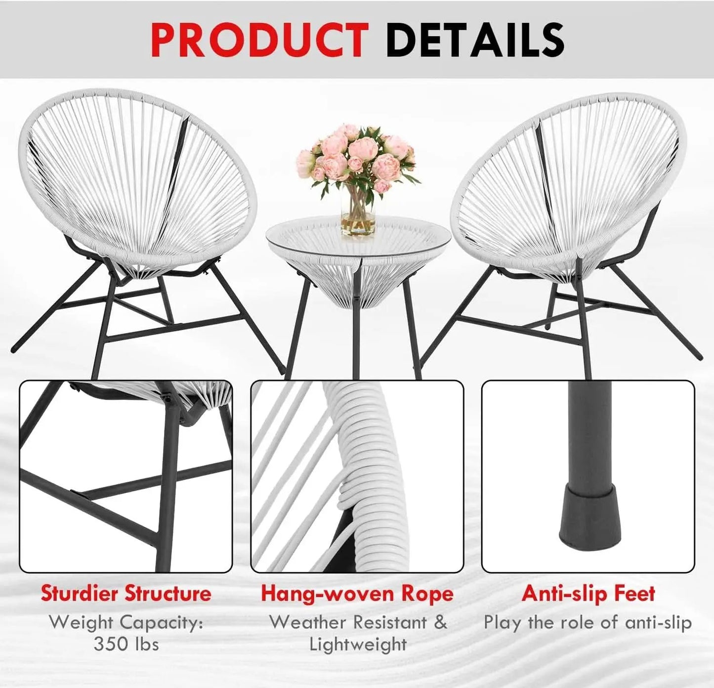 Acapulco Patio Bistro Set 3 Piece Outdoor White With Glass Top from PriceLows™