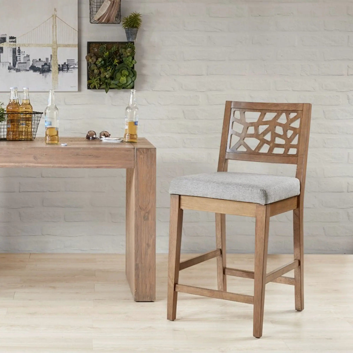 Counter Stool | Light Gray | Carmel Oak Finish | Solid Wood Frame