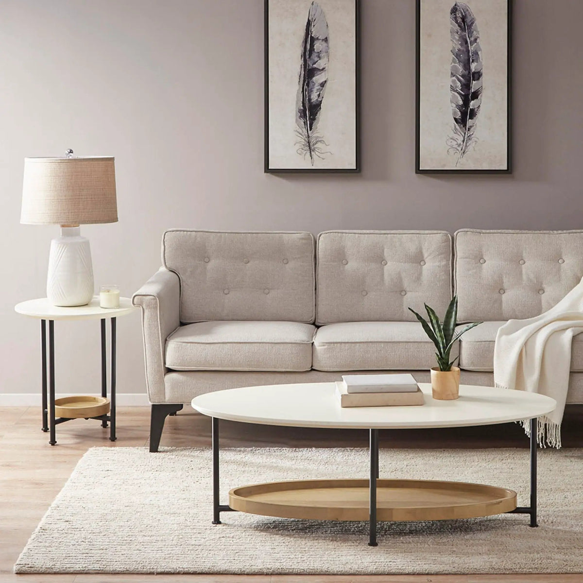 Oval Coffee Table | White And Natural | White MDF Top | Black Metal Legs