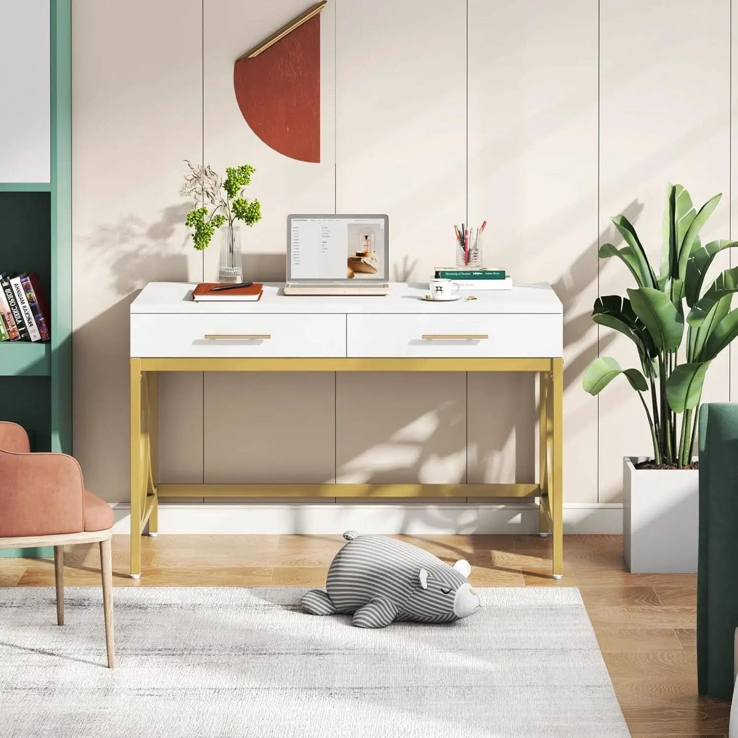 41 Inch White And Gold Computer Desk With 2 Drawers from PriceLows™