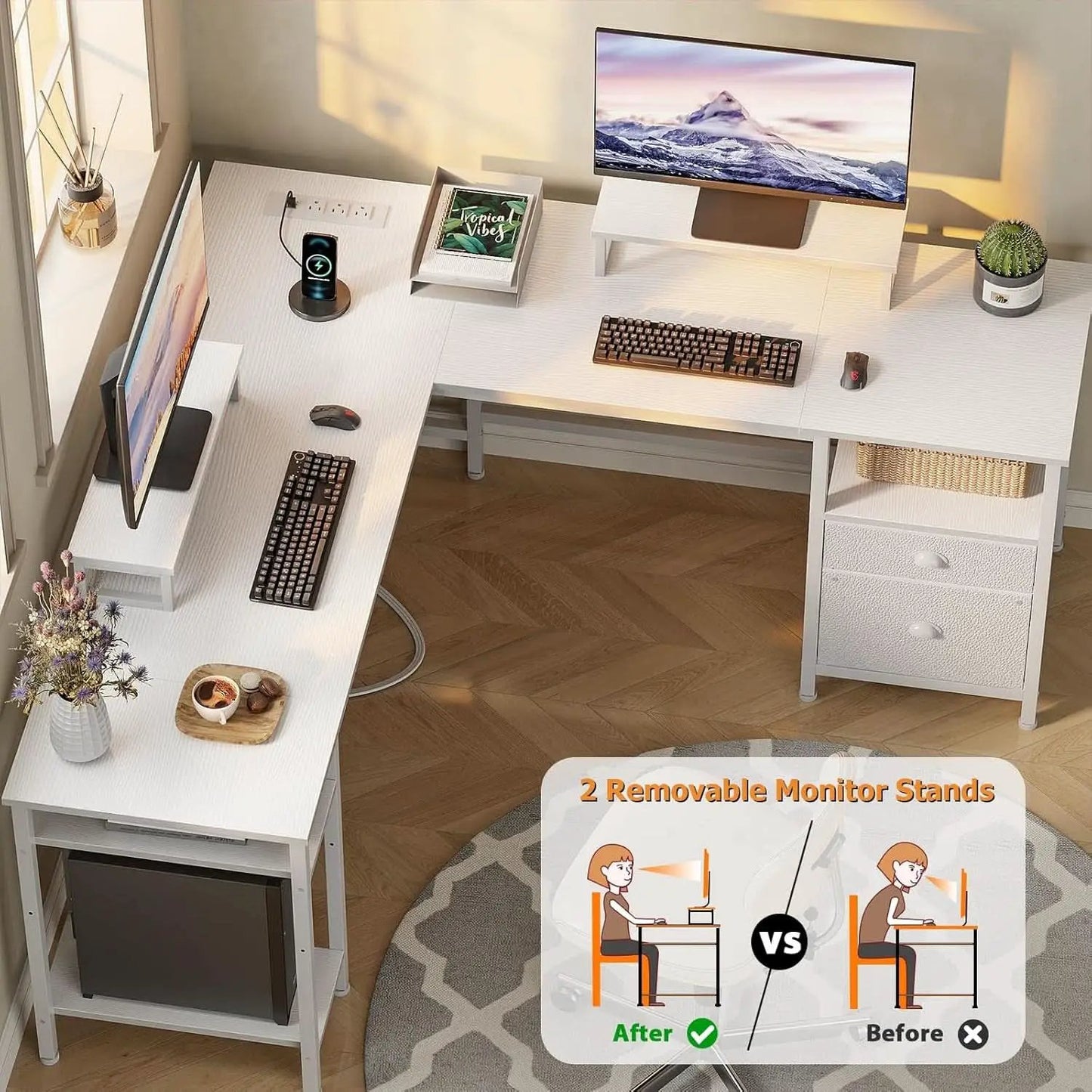 White Fifty Nine Inch L Shaped Desk With Power Outlets from PriceLows™