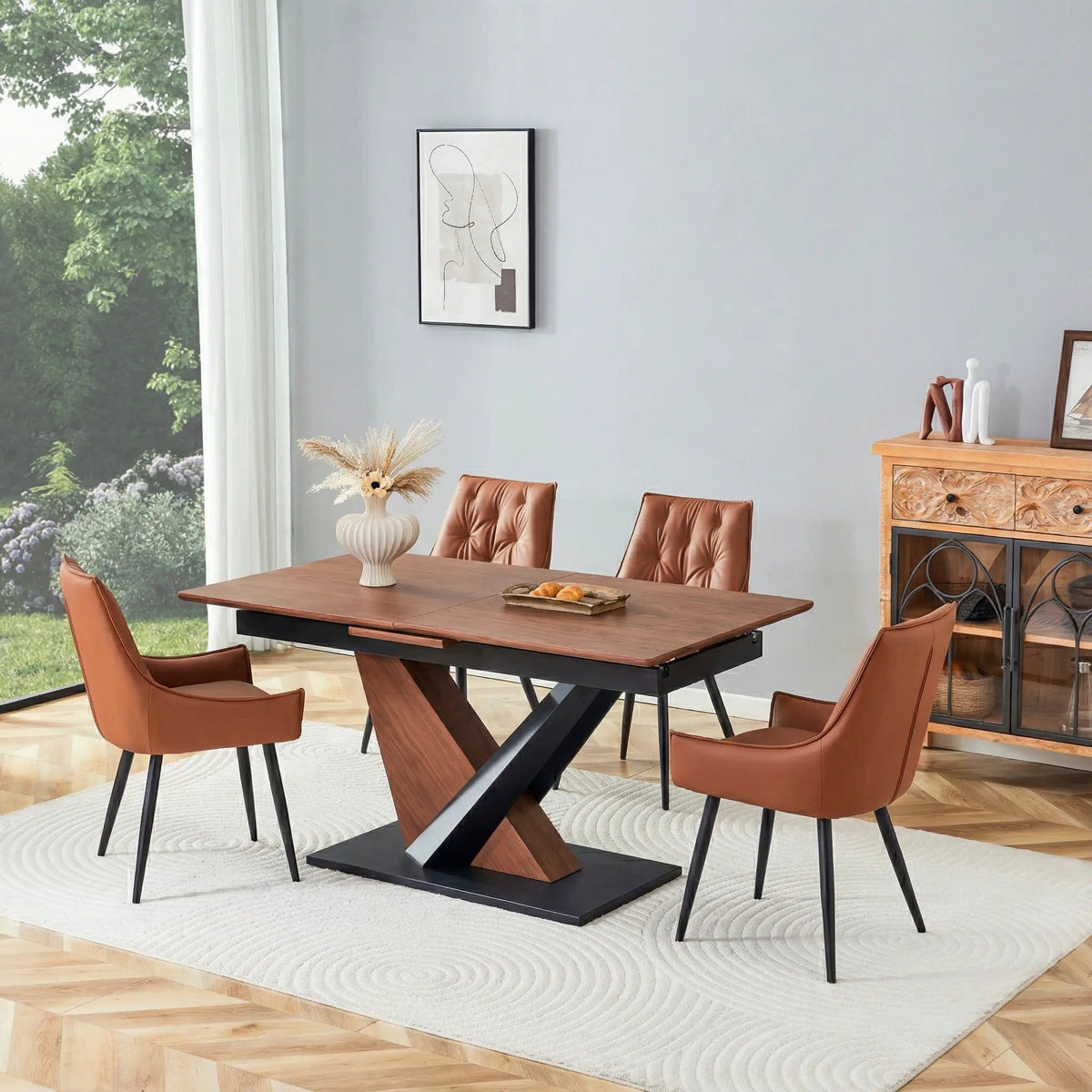 Dining Table, Scratch Resistant, Cross Geometric Legs For Kitchen & Dining Room Dark | 70.89 x 33.5 x 29.3 in | Walnut & Metal | Walnut