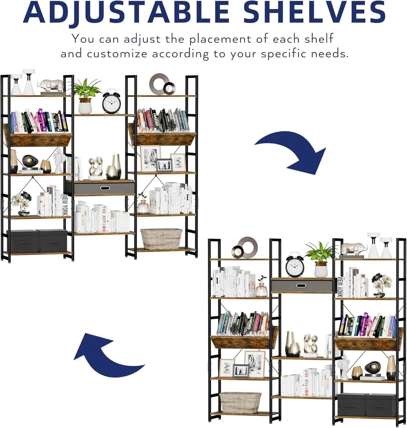 Triple Wide Five Tier Bookshelf Rustic Brown Finish from PriceLows™