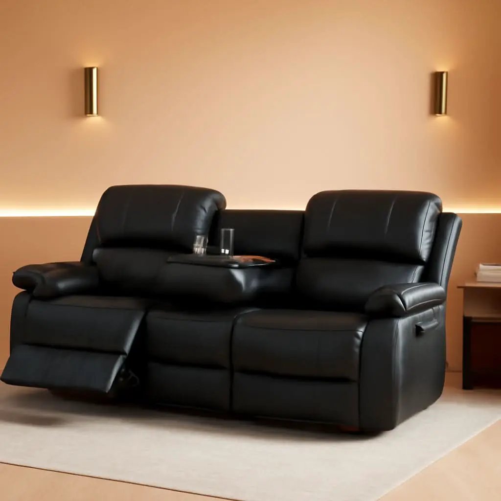 Black Vegan Leather 3 Seater Recliner Sofa Cupholders from PriceLows™
