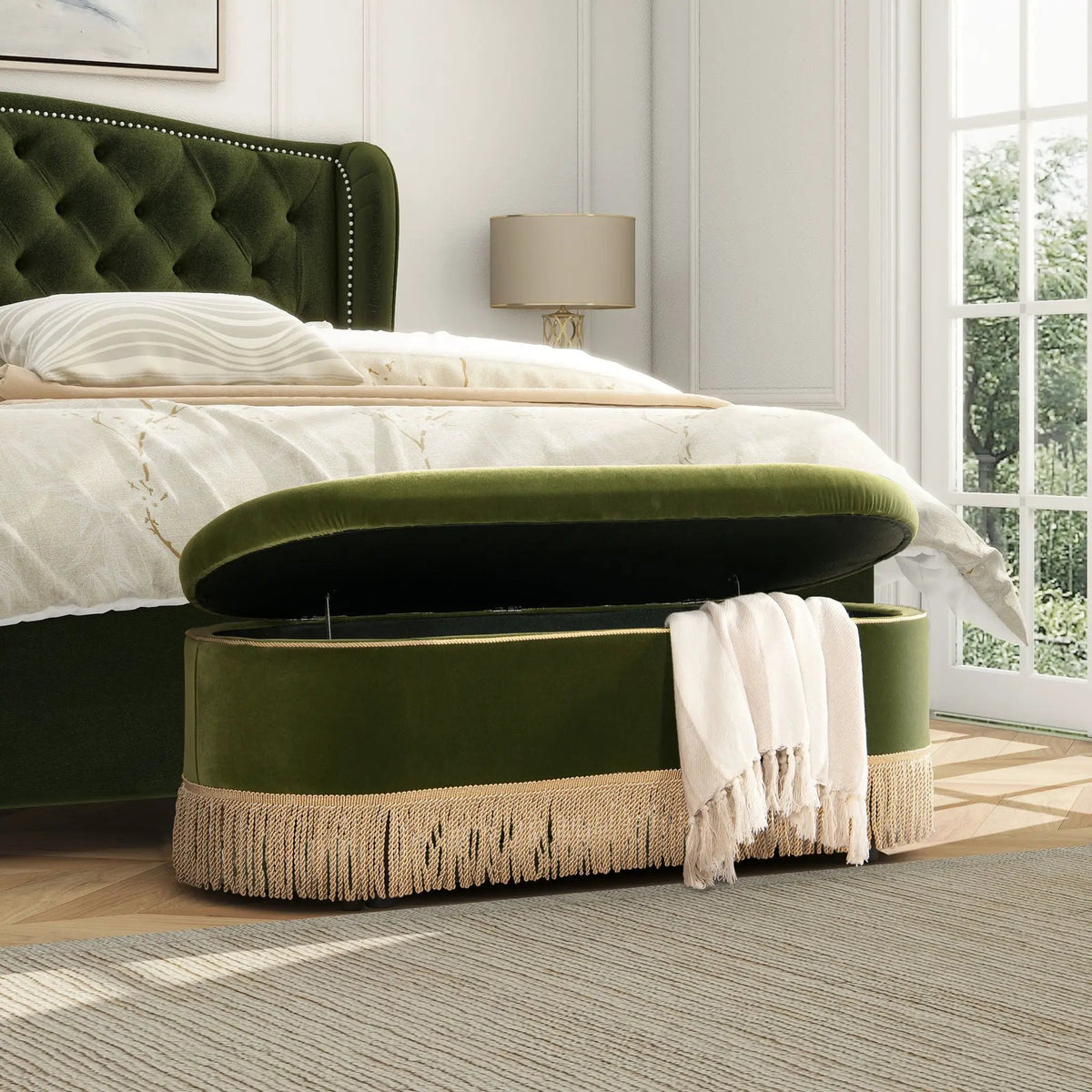 Melinda Oval Storage Bench | Button Tufted Seat | Bullion Fringe | Flip-Top Compartment