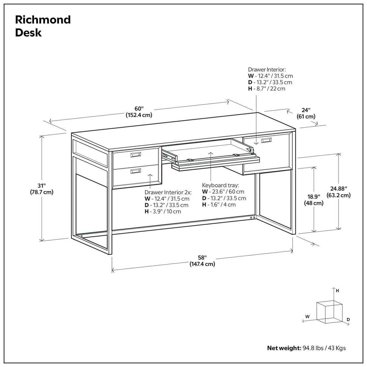 Richmond Desk | 60 x 24 x 31 in | Acacia Wood & Metal | Rustic Natural Aged Brown
