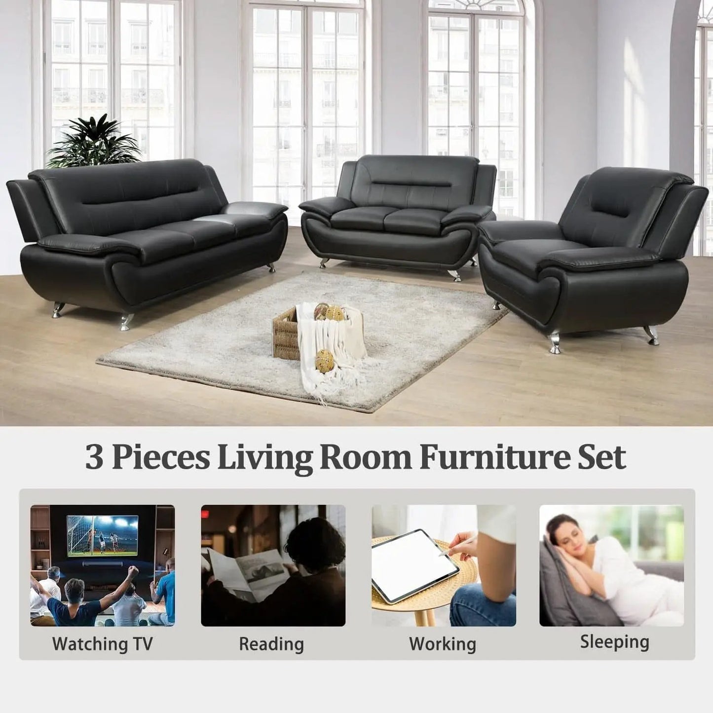 Faux Leather 3 Piece Modern Living Room Sofa Set Black from PriceLows™