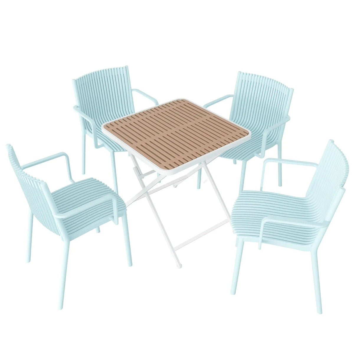 4 Modern Stackable Plastic Armchair Matched With Folding Square Table 5 Piece | 5 Piece Outdoor Set | Metal | Outdoor Living