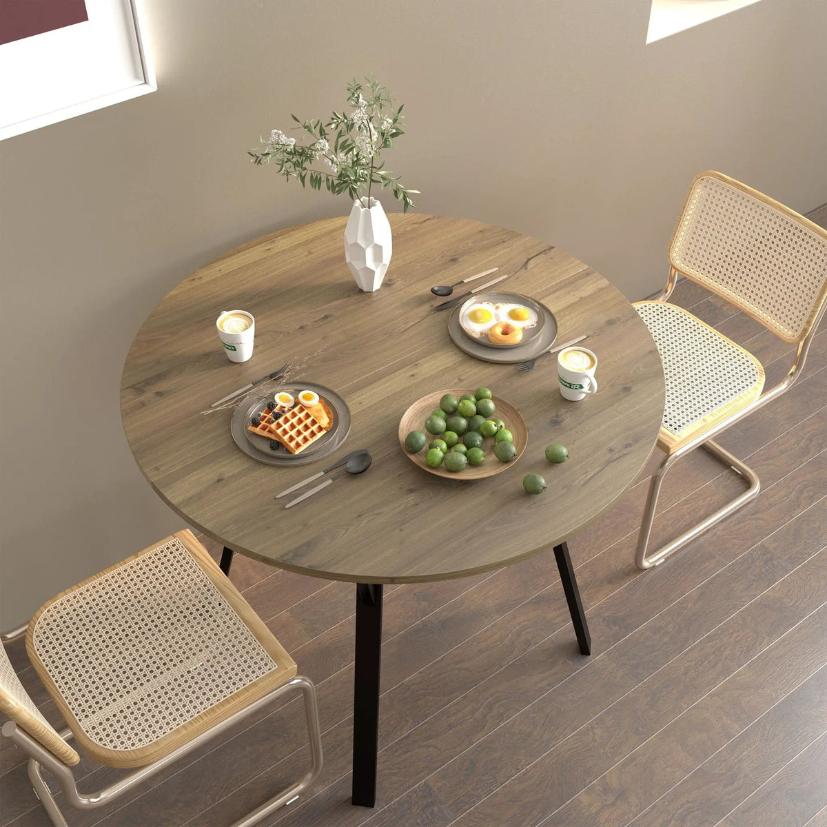 Round Dining Table | Rustic Brown MDF Top | Black Steel Legs | Seats 2-4