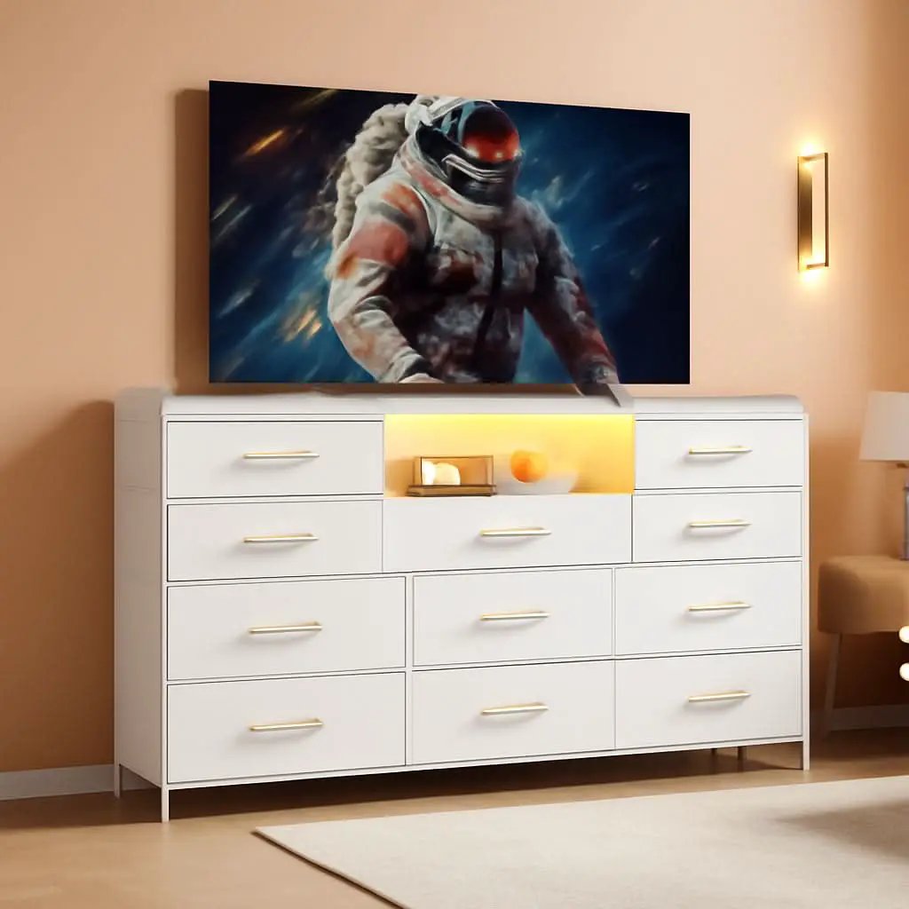 White Dresser TV Stand 60 Inch With LED And 11 Drawers from PriceLows™