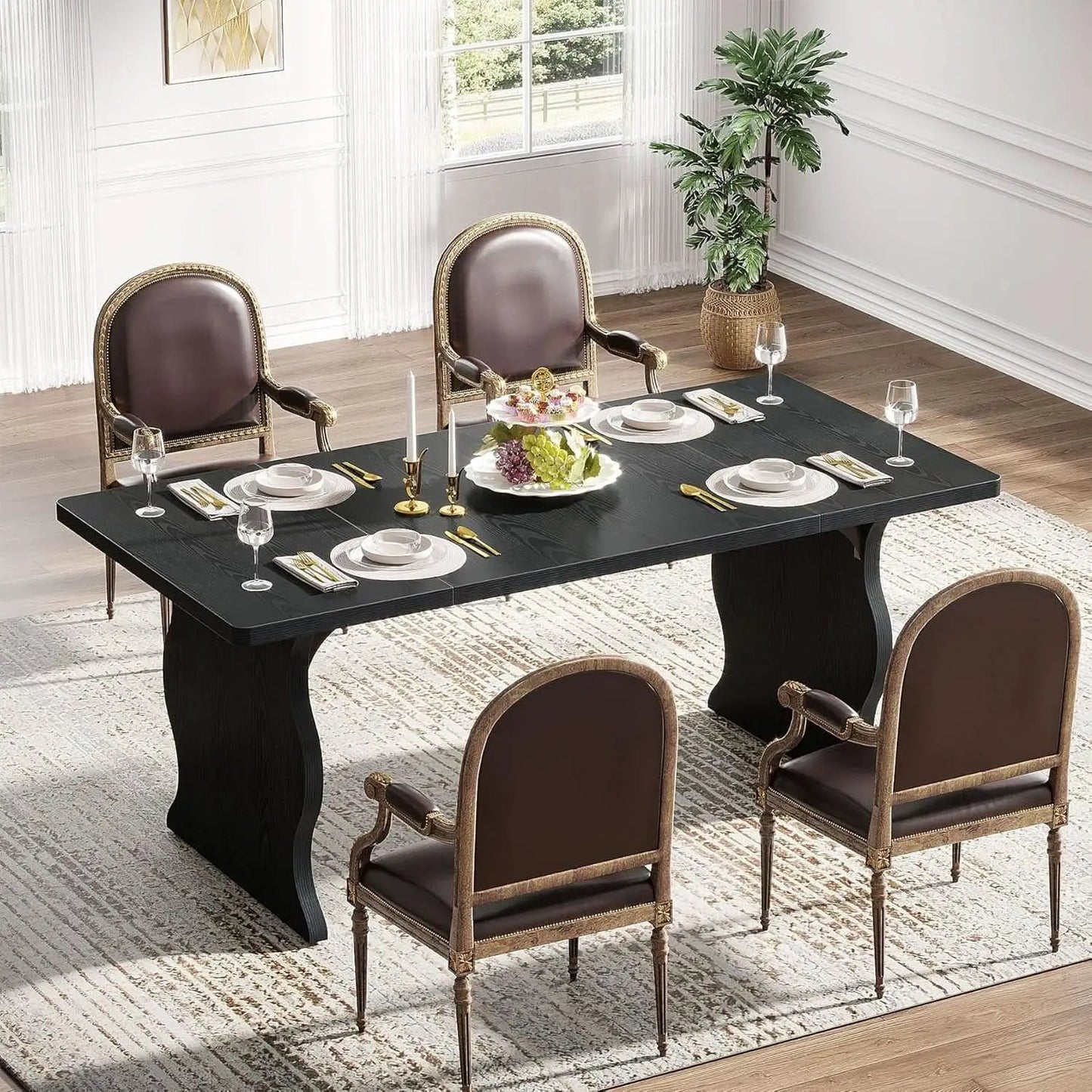 Black 63 Inch Rectangular Modern Dining Table For 4 To 6 from PriceLows™