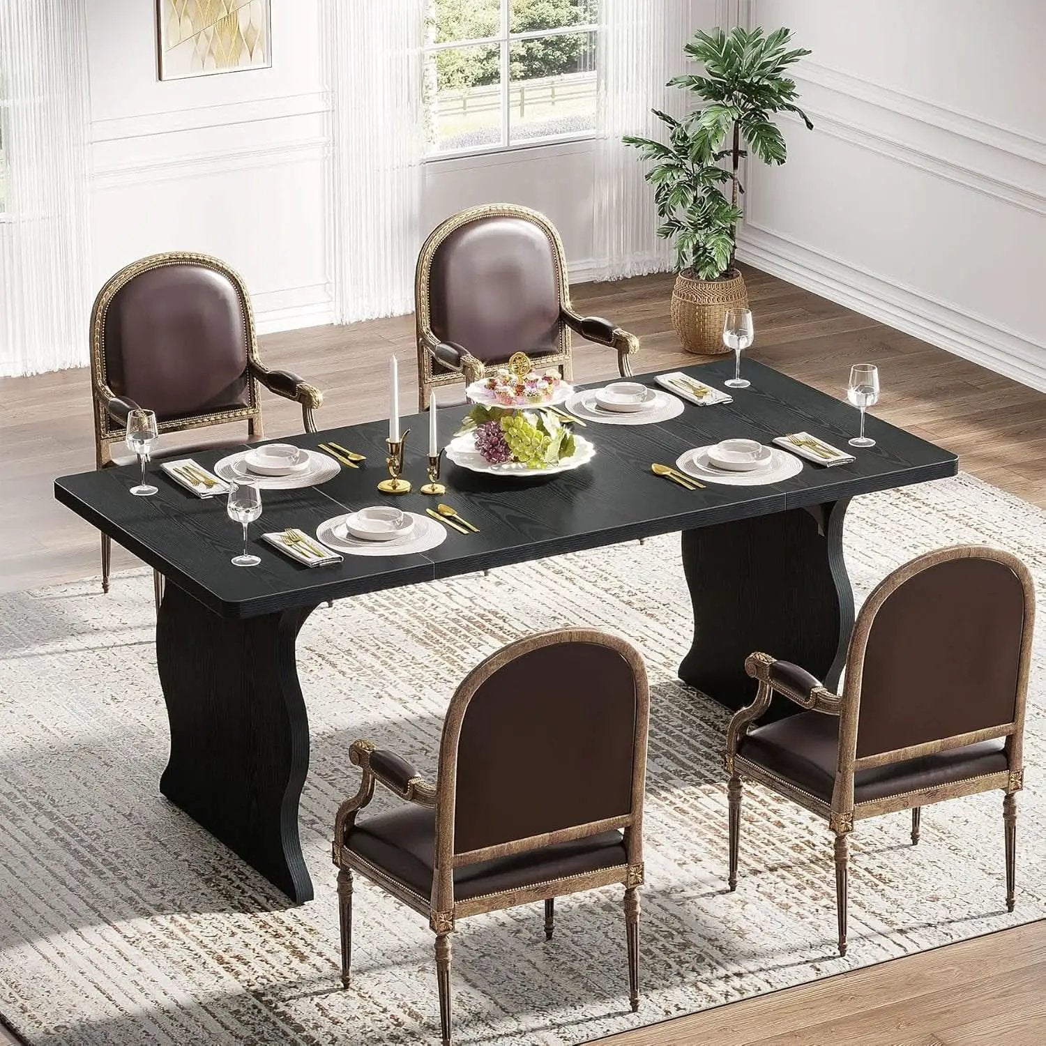 Black 63 Inch Rectangular Modern Dining Table For 4 To 6 from PriceLows™