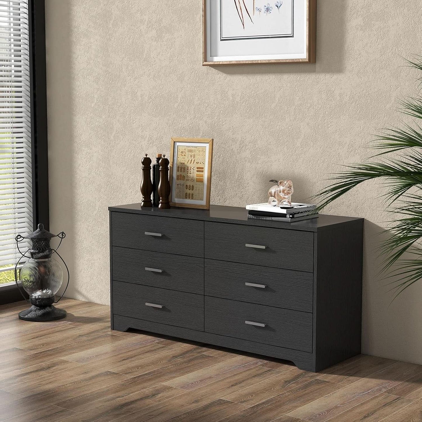 Wooden Six Drawer Dresser In Black For Living Room Bedroom from PriceLows™