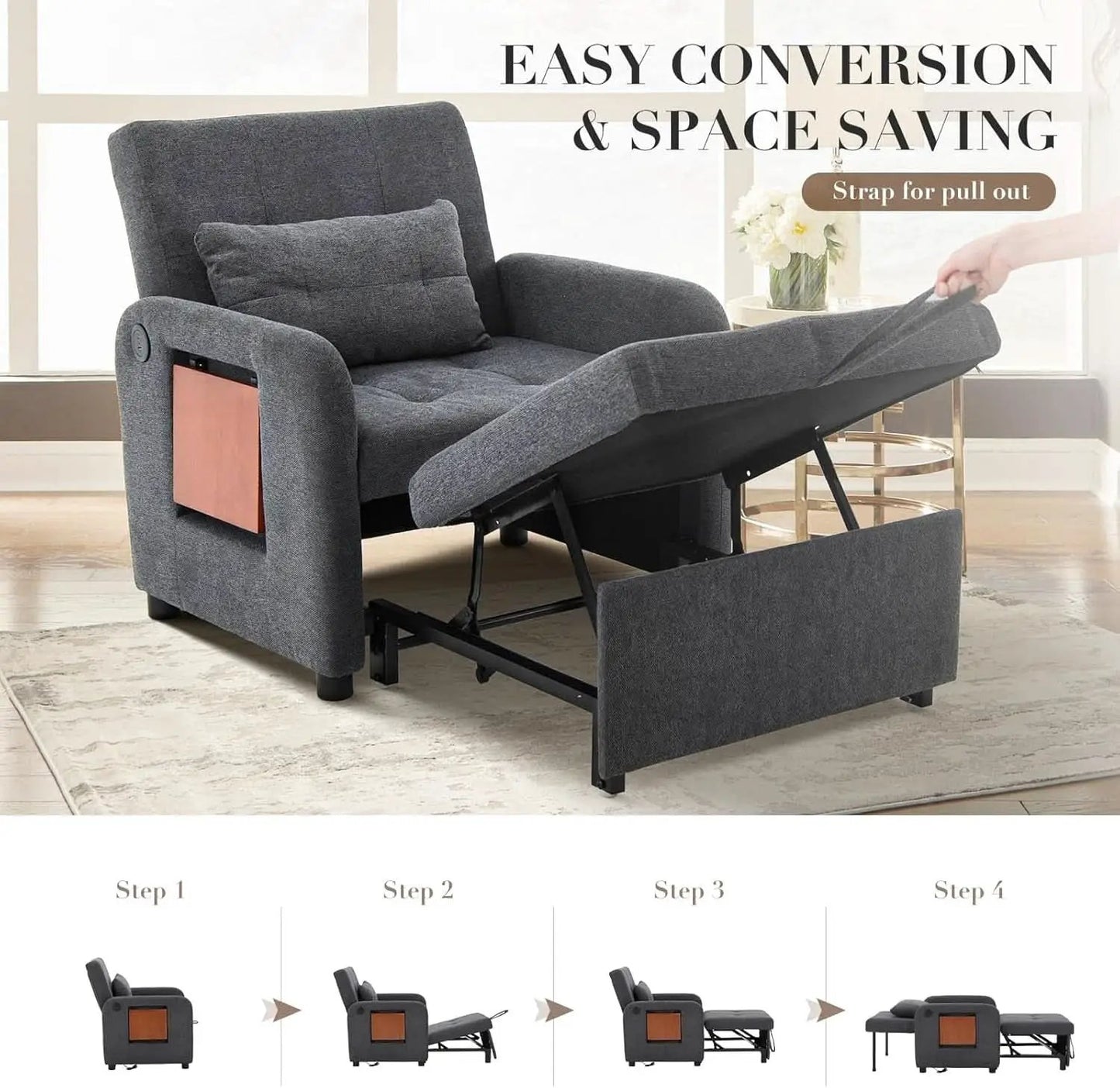 Convertible Sleeper Armchair Charcoal Gray USB Port from PriceLows™