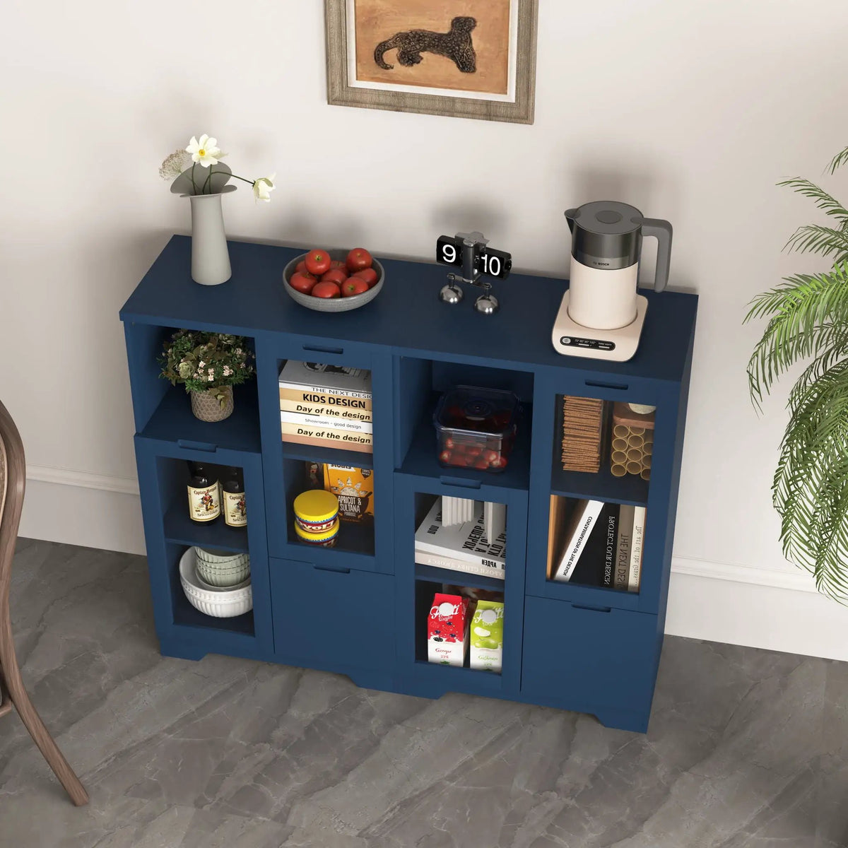 Modern Storage Cabinet | Adjustable Shelves | Double Glass Doors | Gray