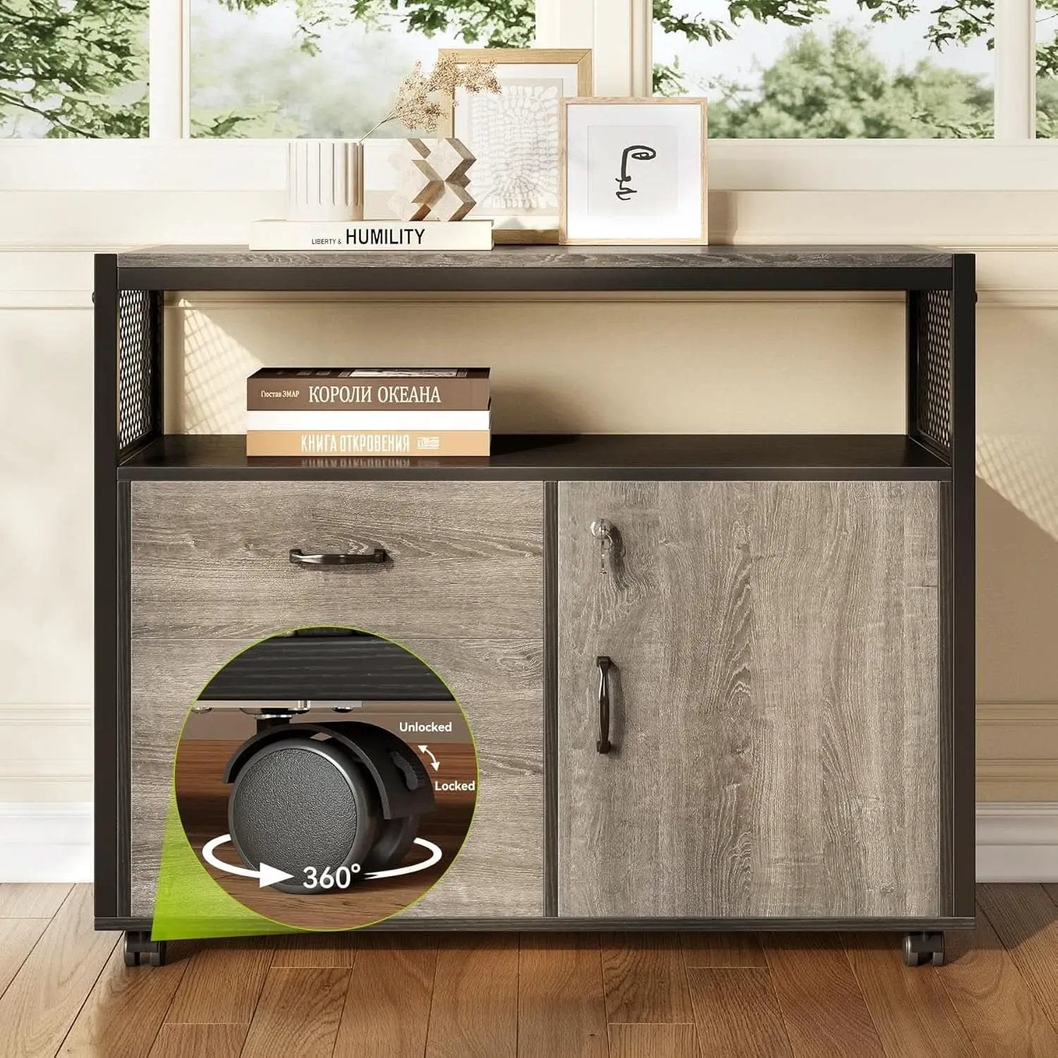 55 Inch L Shaped Office Desk With Grey Filing Cabinet Set from PriceLows™