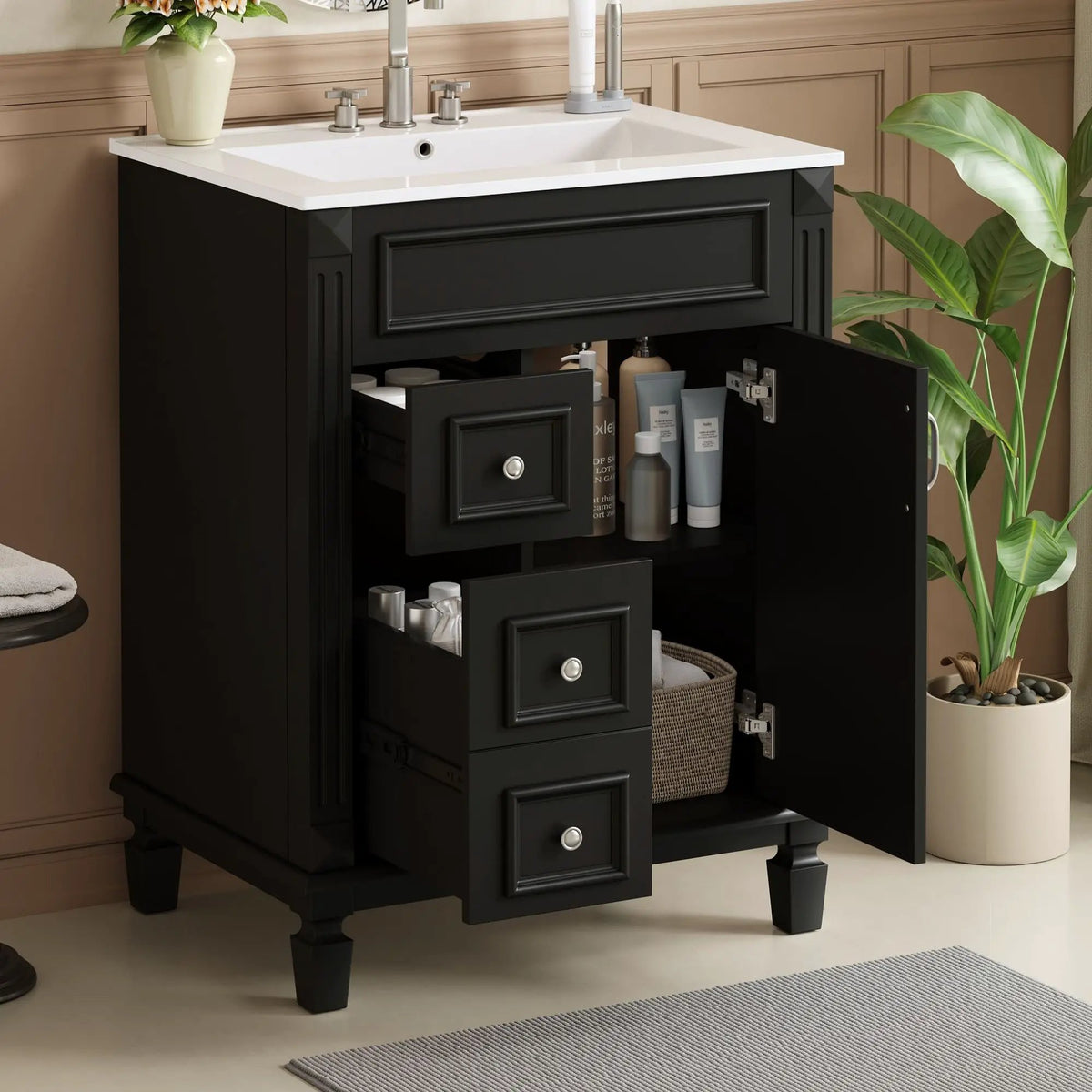 24 Inch Compact Bathroom Vanity | 2 Deep Drawers | Adjustable Shelf | Retro Button Handles
