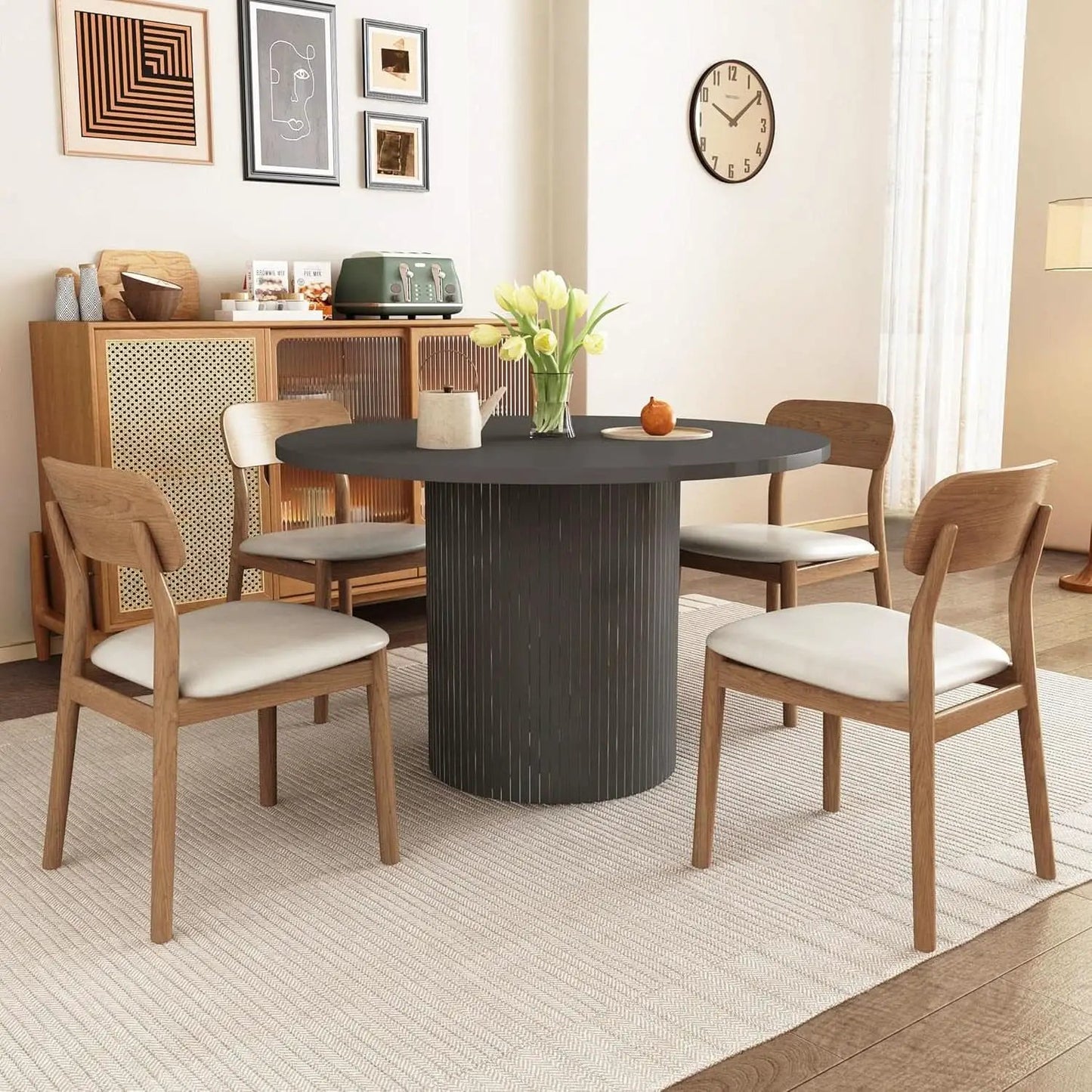 Round Dining Table For 4 47 Inch Black Wood Strip Base Kitchen Table from PriceLows™