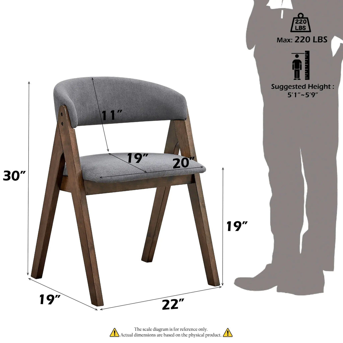 Keiki Side Chair (Set of 2) | 19 x 22 x 30 in | Walnut & Fabric | Gray