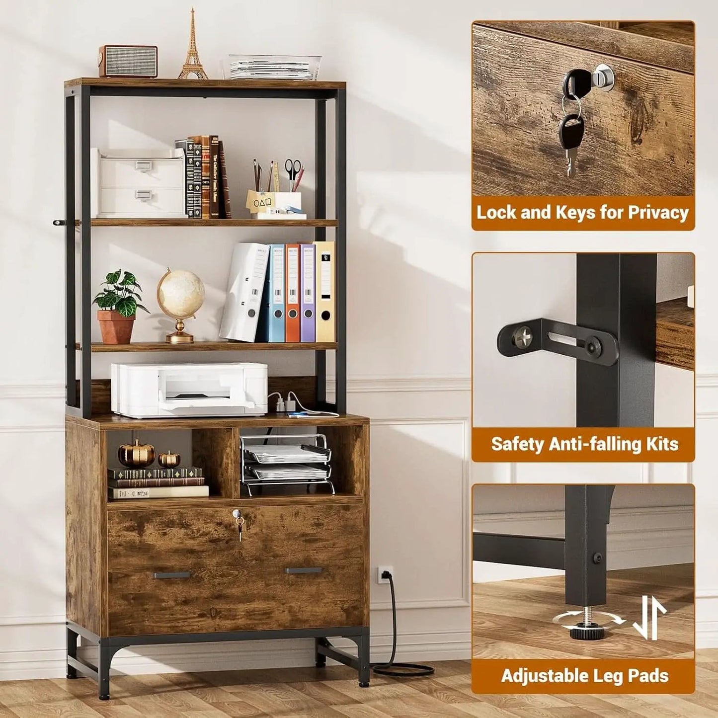 File Cabinet With Charging Station Lockable Vertical Filing Cabinet Rustic Brown from PriceLows™