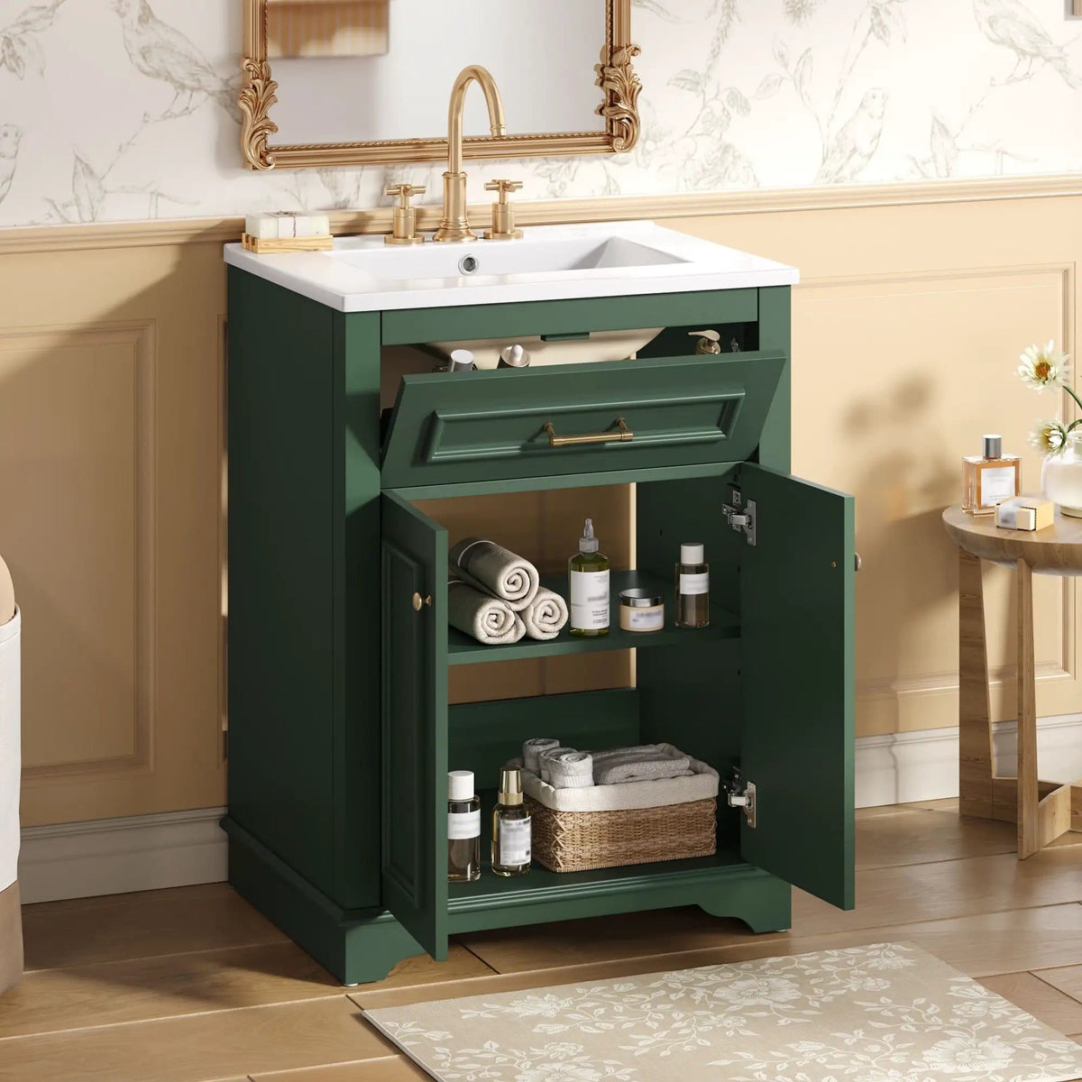 Bathroom Vanity With Integrated Sink, 2 Door Cabinet With Tip Out Drawer | 3 Pieces | Solid Wood & Iron | Bathroom