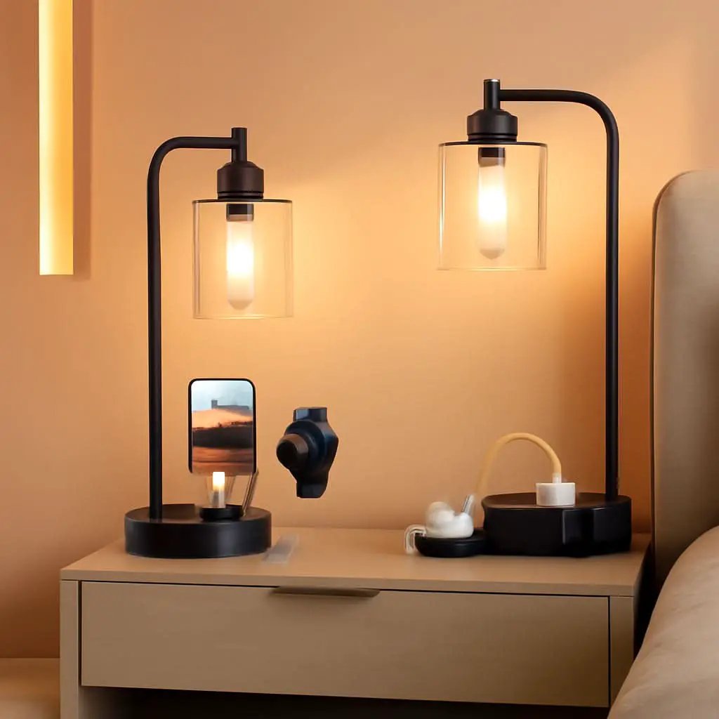 Industrial Nightstand Lamps Set of 2 Dimmable USB C Ports from PriceLows™