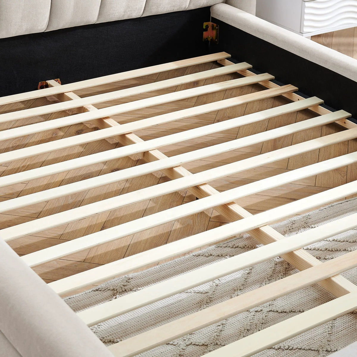 Modern Upholstered Bed Frame | Queen Size | Thick Fabric Upholstery | Grounded Headboard Design