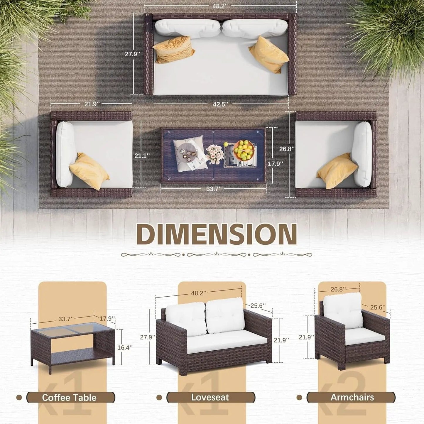 4 Piece Patio Rattan Furniture Set Beige Cushions Outdoor from PriceLows™