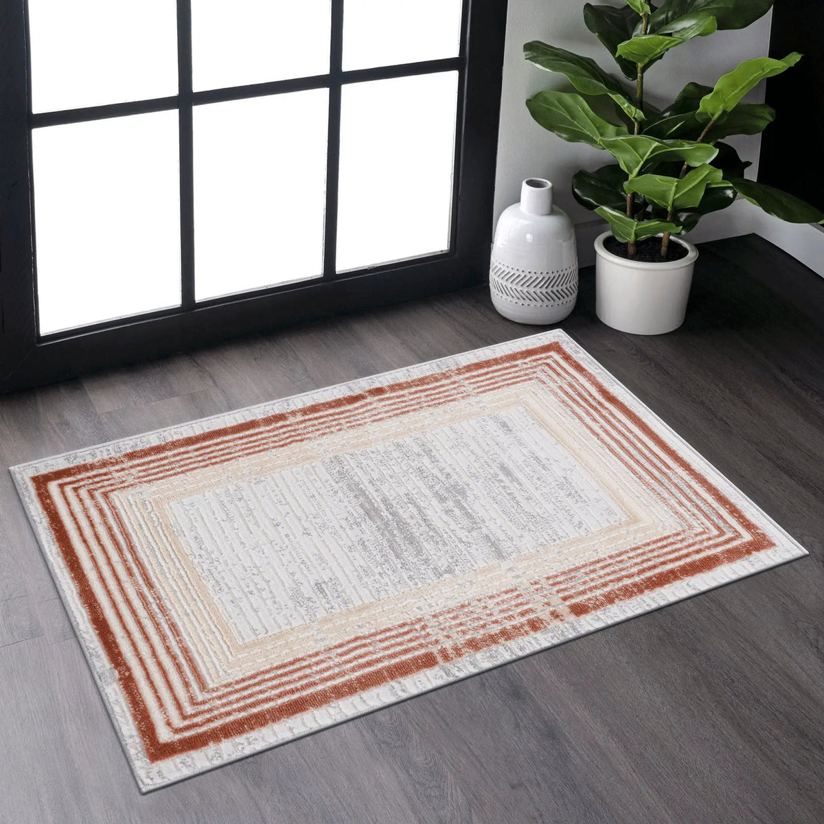 Marfi Bordered Runner Rug | 96 x 26 Inch | Stain Resistant | Non-Shedding Machine-Woven