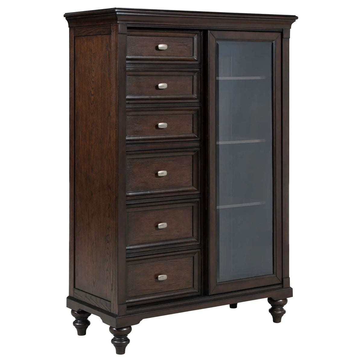 Andover 6-drawer Tempered Glass Door Chest Dark | 45.75 x 20 x 66.25 in | Oak Veneer & Tempered Glass | Oak