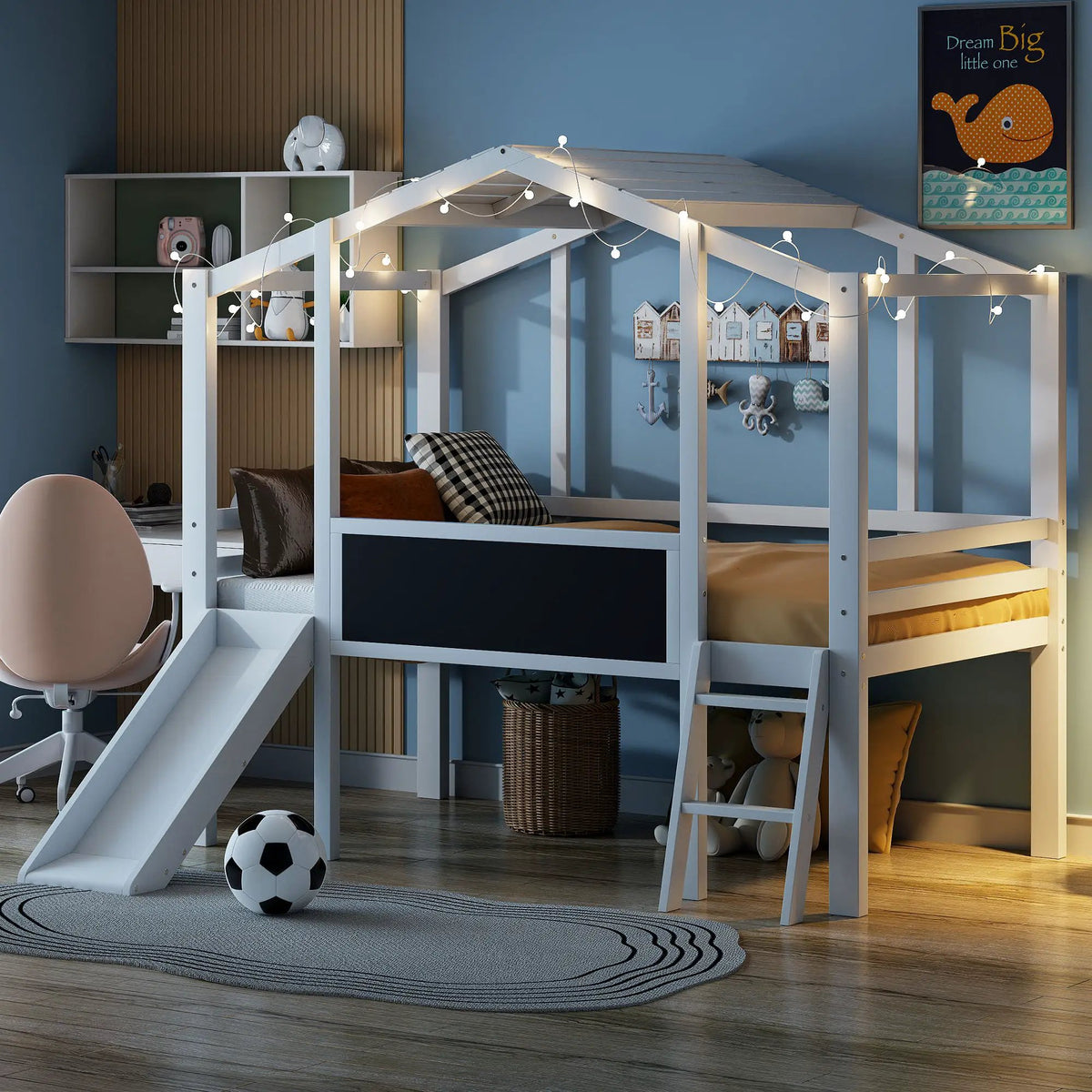 Loft House Bed | Ladder And Slide | Roof Light Strip | Safety Guardrail
